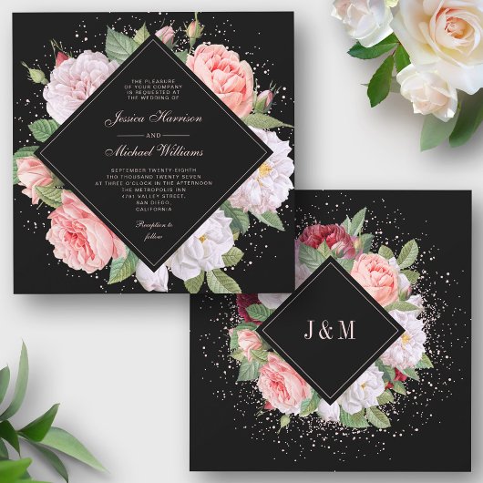Monogram Elegant Floral White Pink Black Wedding Kaart