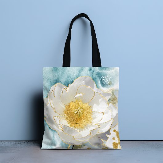 Monogram Elegant Flower Luxury Gold Waterverf Tote Bag