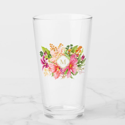 Monogram Elegant  Flowers Pink Pastel Glas (Voorkant)