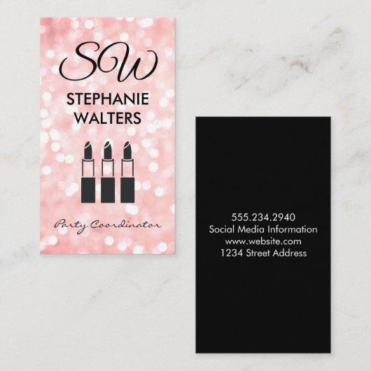 Monogram Elegant Glitter (roze) Glamour Lipstick Visitekaartje (Voorkant / Achterkant)