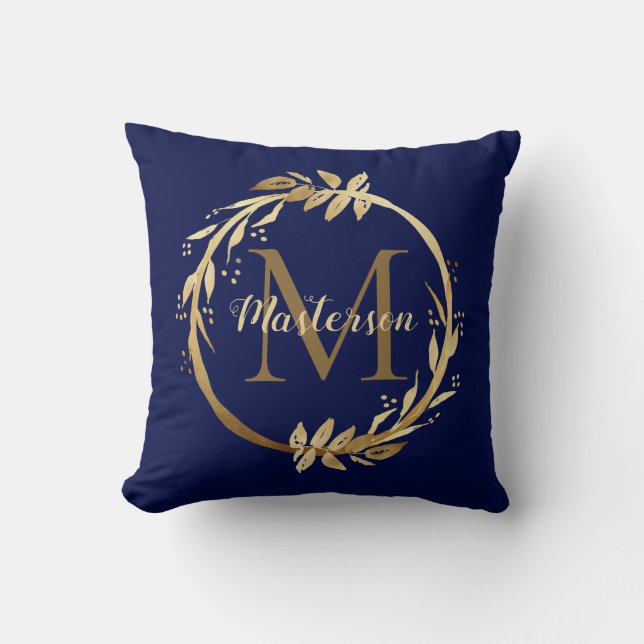 Monogram Elegant Gold Blue Foliage Wreate Family Kussen (Voorkant)