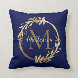 Monogram Elegant Gold Blue Foliage Wreate Family Kussen