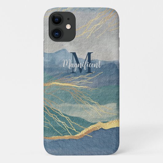 Monogram Elegant Gold Blue Landscape Art Case-Mate iPhone Case (Achterkant)
