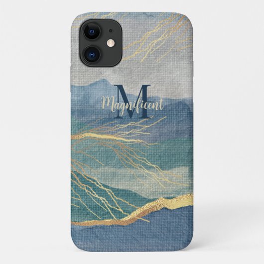 Monogram Elegant Gold Blue Landscape Art Case-Mate iPhone Case (Achterkant)