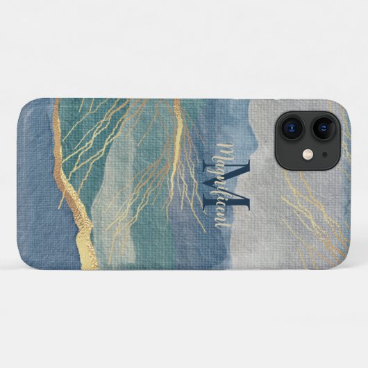 Monogram Elegant Gold Blue Landscape Art Case-Mate iPhone Case (Achterkant (horizontaal))
