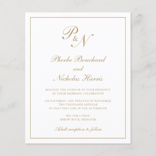 Monogram Elegant Gold Budget Weduwen Uitnodiging (Voorkant)