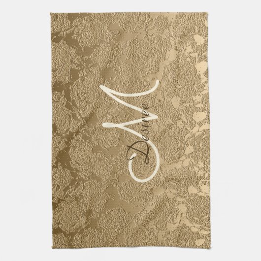 Monogram Elegant Gold Modern Girly Floral Theedoek (Verticaal)