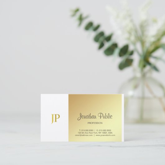 Monogram Elegant Gold White Plain Luxury Script Visitekaartje (Staand voorkant)