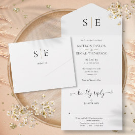 Monogram Elegant Goud Zwart Bruiloft All In One Uitnodiging