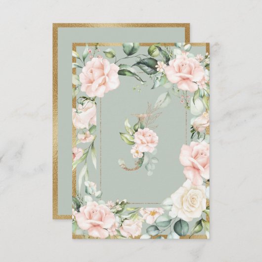 Monogram Elegant Green Floral Rozen Letter J Bedankkaart (Voorkant / Achterkant)
