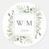 Monogram Elegant Greenery Gold Wedding Ronde Sticker (Voorkant)