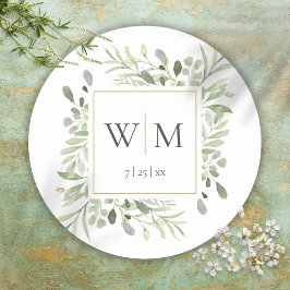 Monogram Elegant Greenery Gold Wedding Ronde Sticker
