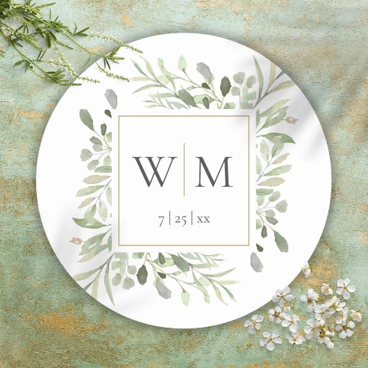 Monogram Elegant Greenery Gold Wedding Ronde Sticker