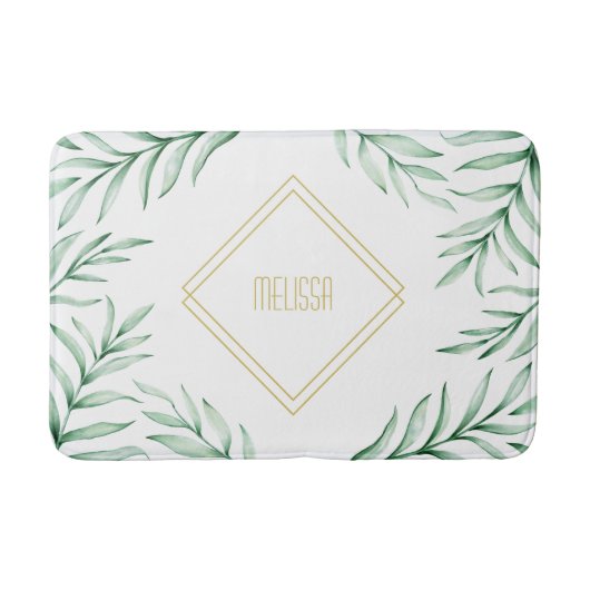 Monogram Elegant Greenery Waterverf Leaves Badmat (Voorkant)