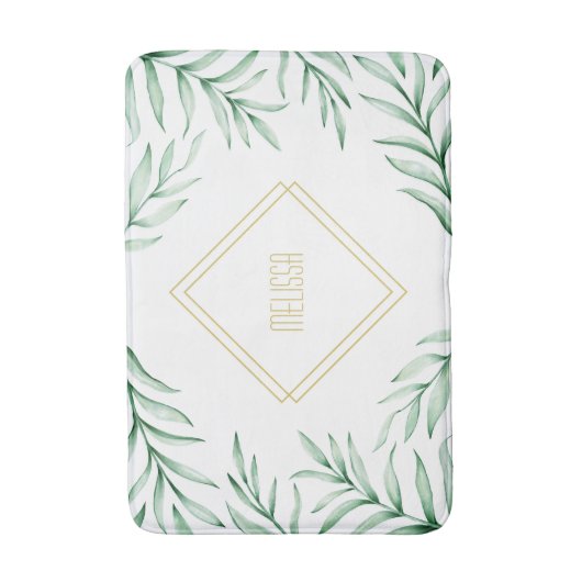 Monogram Elegant Greenery Waterverf Leaves Badmat (Voorkant Verticaal)