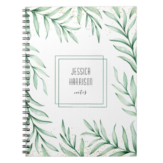 Monogram Elegant Greenery Waterverf Leaves Notitieboek (Voorkant)