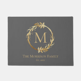Monogram Elegant Grey & Gold Wreatname Familienaam Deurmat