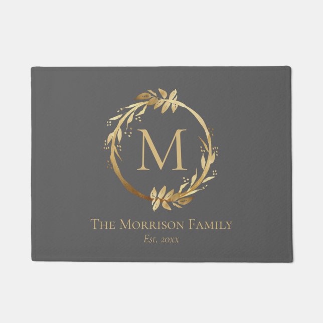 Monogram Elegant Grey & Gold Wreatname Familienaam Deurmat (Voorkant)