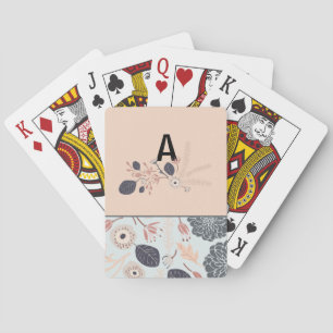 Monogram Elegant Grijs Blauw Perzik Bloempatroon Pokerkaarten