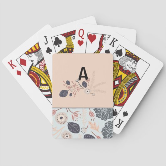 Monogram Elegant Grijs Blauw Perzik Bloempatroon Pokerkaarten (Achterkant)