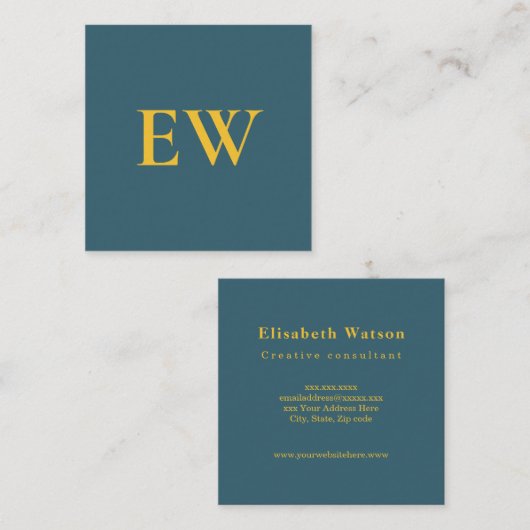 Monogram Elegant Groen Blauw Professioneel Vierkante Visitekaartje (Voorkant / Achterkant)