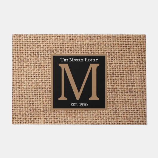 Monogram Elegant luxe design zwarte bruine burlap Deurmat (Voorkant)