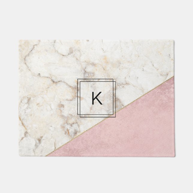 Monogram Elegant Marble Minimalist Roos Gold Deurmat (Voorkant)