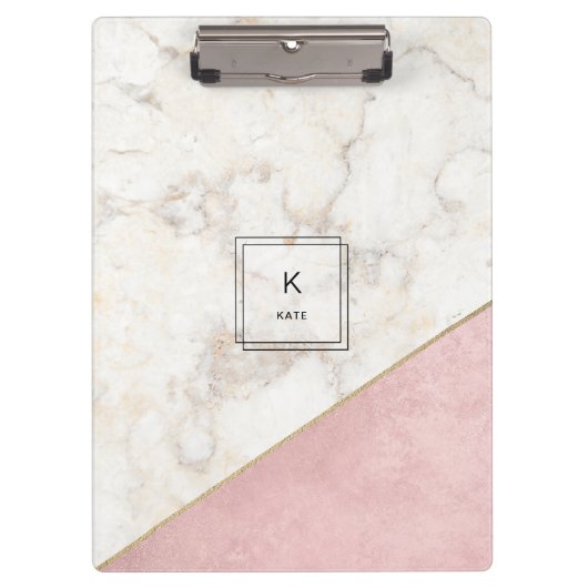 Monogram Elegant Marble Minimalist Roos Gold Klembord (Voorkant)