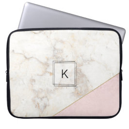 Monogram Elegant Marble Minimalist Roos Gold Laptop Sleeve