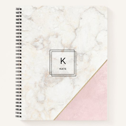 Monogram Elegant Marble Minimalist Roos Gold Notitieboek (Voorkant)