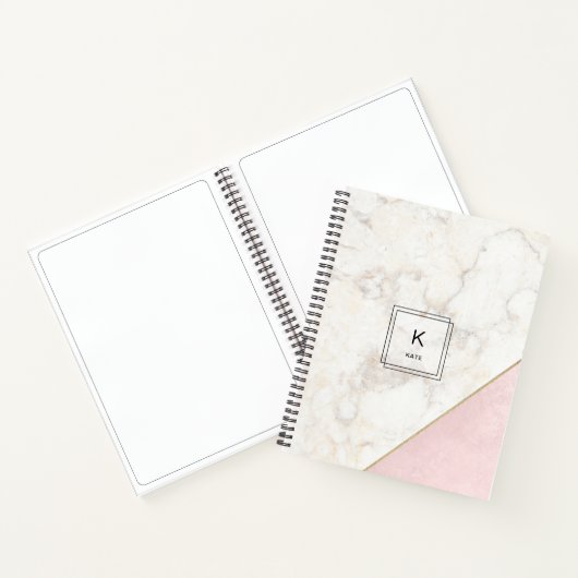 Monogram Elegant Marble Minimalist Roos Gold Notitieboek (Binnen)
