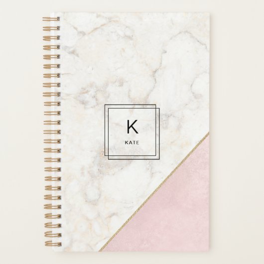 Monogram Elegant Marble Minimalist Roos Gold Planner (Voorkant)