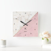 Monogram Elegant Marble Minimalist Roos Gold Vierkante Klok (Huis)