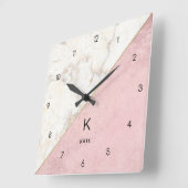 Monogram Elegant Marble Minimalist Roos Gold Vierkante Klok (Hoek)