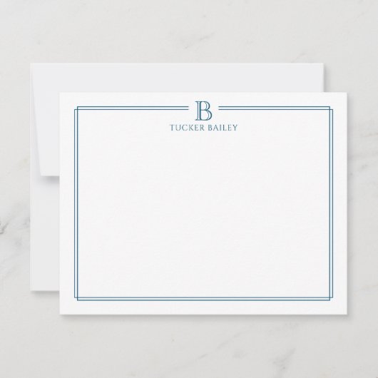Monogram Elegant marineblauw randbriefpapier Notitiekaartje (Voorkant)