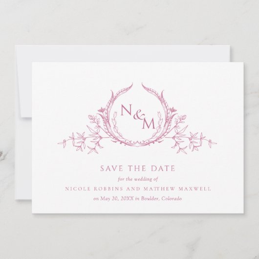 Monogram Elegant Mauve Pink Waterverf Save The Date (Voorkant)