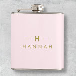 Monogram Elegant Minimaal Blush Roze en Goud Heupfles<br><div class="desc">Een eenvoudig stijlvol monogram op maat in een gouden moderne, minimalistische typografie op een elegante pastelroze achtergrond. De monogram initialen en de naam kunnen gemakkelijk samen met de eigenschaplijn worden gepersonaliseerd om een ontwerp zo uniek te maken zoals u bent! Het perfecte cadeau of accessoire op maat voor elke gelegenheid....</div>