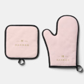 Monogram Elegant Minimaal Blush Roze en Goud Ovenwant & Pannenlap Set (Voorkant)
