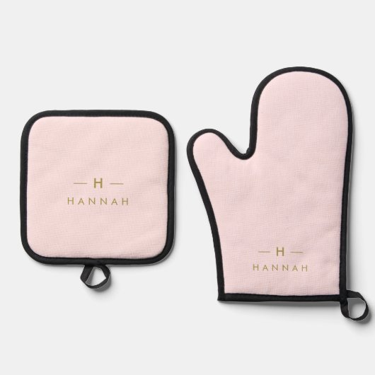 Monogram Elegant Minimaal Blush Roze en Goud Ovenwant & Pannenlap Set (Voorkant)