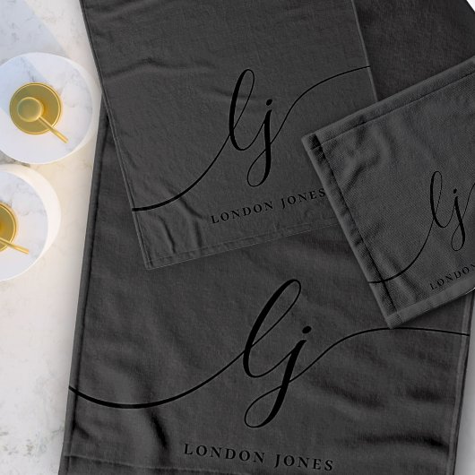 Monogram Elegant Minimaal Zwart Calligrapy Bad Handdoek