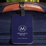 Monogram Elegant Minimal Navy Blue Bagagelabel<br><div class="desc">Een minimalistisch monogram ontwerp met een groot typografisch initiaal in een stijlvol elegant lettertype met jouw naam en titel of aangepaste tekst hieronder op een eenvoudige blauwachtige achtergrond. Een perfect aangepast cadeau of accessoire.</div>
