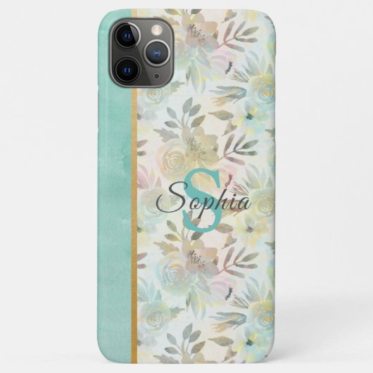 Monogram Elegant Mint Green Waterverf Floral Case-Mate iPhone Case (Achterkant)