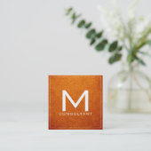 Monogram Elegant Modern Amber Leder Vierkante Visitekaartje (Staand voorkant)
