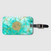 Monogram Elegant Modern Aqua Blauw Waterverf Goud Bagagelabel (Voorkant (horizontaal))