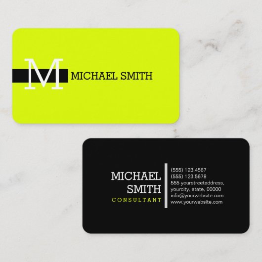 Monogram Elegant Modern Chartreuse & Zwart Visitekaartje (Voorkant / Achterkant)