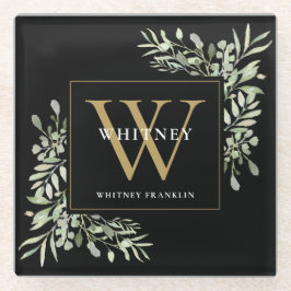 Monogram Elegant Modern Greenery Black Gold Glazen Onderzetter