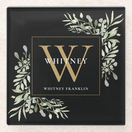Monogram Elegant Modern Greenery Black Gold Glazen Onderzetter (Voorkant)