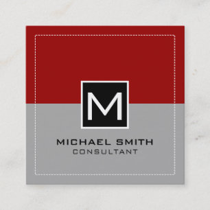 Monogram Elegant Modern Grey Crimson Red Vierkante Visitekaartje