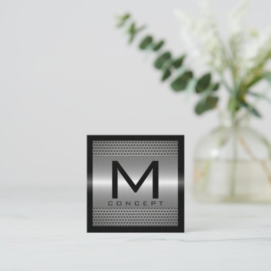 Monogram Elegant Modern Metallic Silver Vierkante Visitekaartje (Staand voorkant)