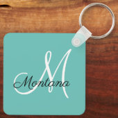 Monogram Elegant Modern Simple Girly Blauwgroen Sleutelhanger (Achterkant)